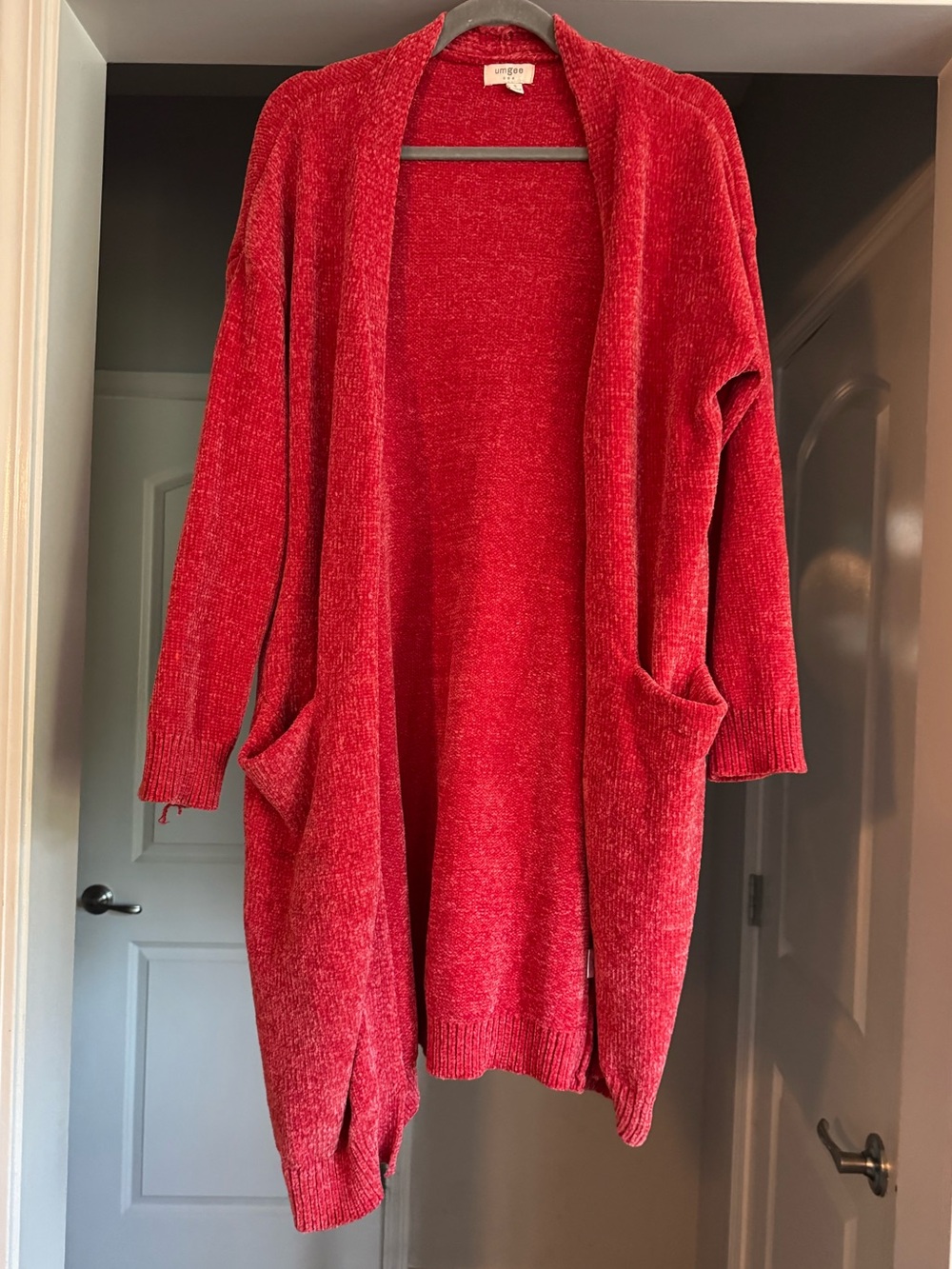 Umgee Red Chenille Cotton Blend Long Cardigan Duster Pockets S